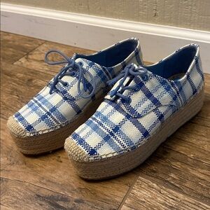 TORY BURCH BLUE PLAID PLATFORM LACE UP SNEAKER SHOES SIZE 7.5